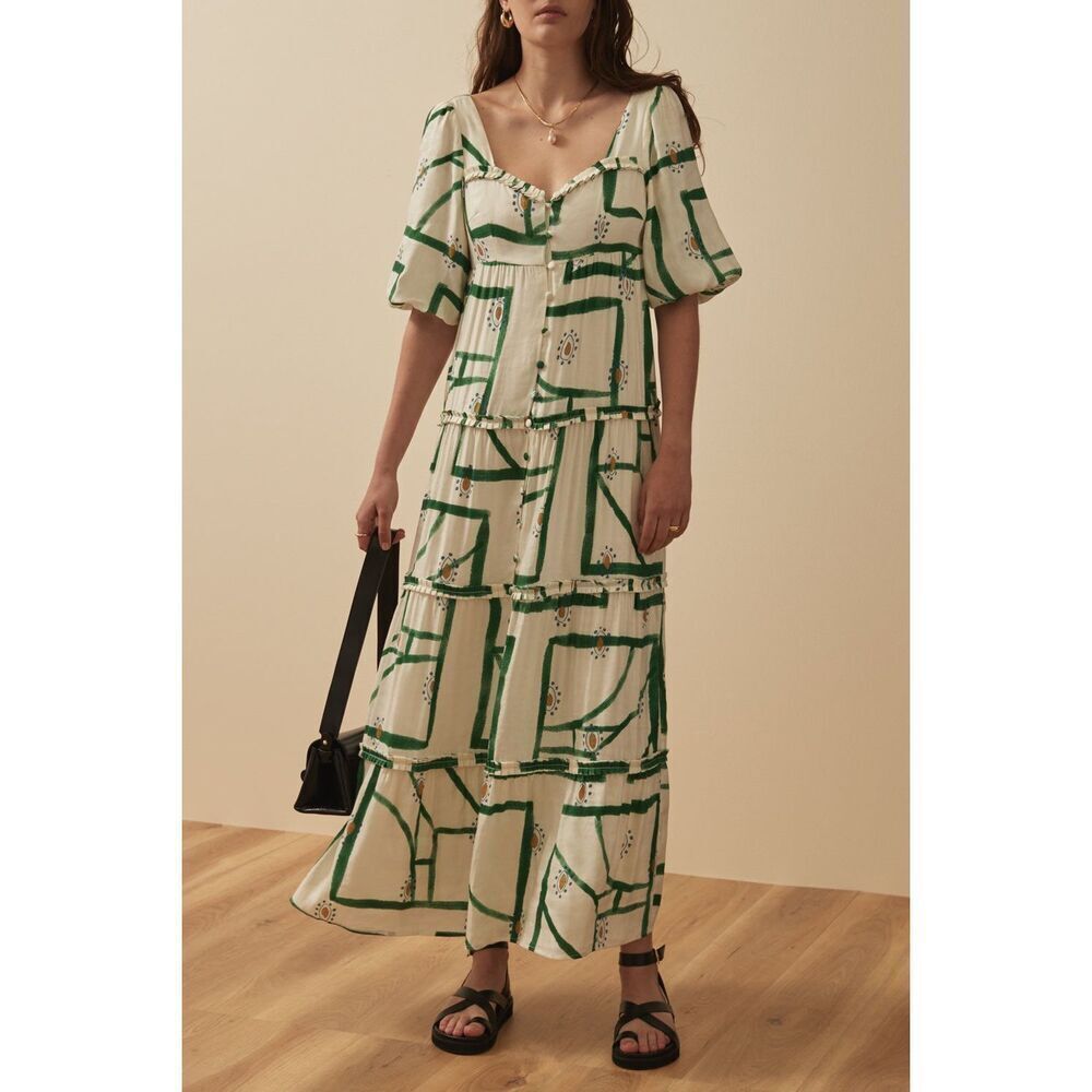 SANCIA Harlow Button-front Tiered Maxi Dress In Green Brunch Summer size S NWT - Picture 2 of 8